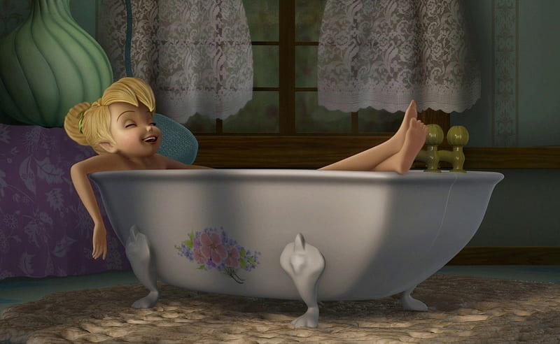 Tinker Bell relaxing in a bathtub, bath time themed scene