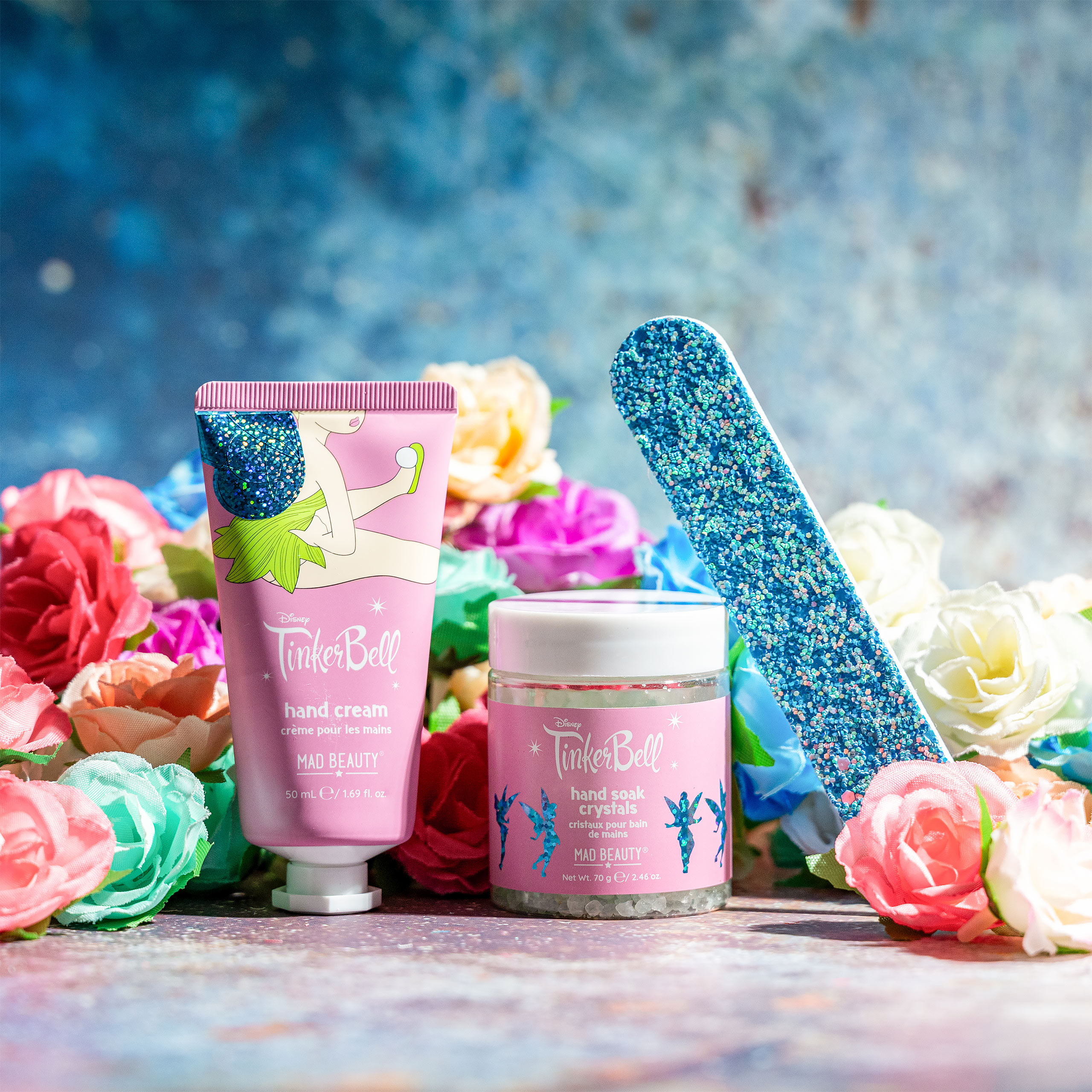 Tinker Bell themed hand cream, bath soak crystals and nail file care set