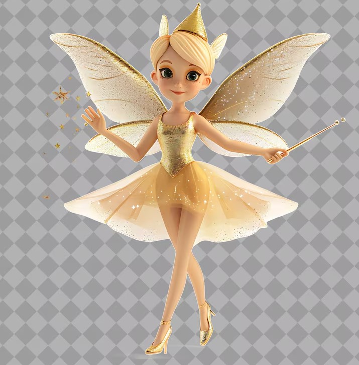 Tinker Bell fairy character rendered in a golden dress holding a wand
