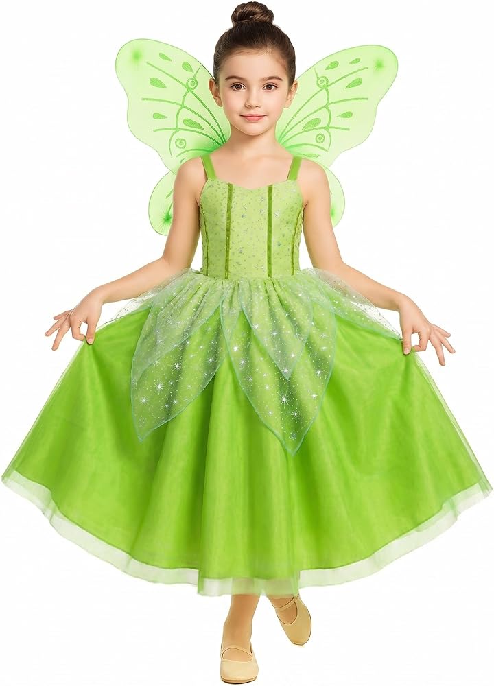 Child wearing a Tinker Bell inspired green fairy dress and wings costume